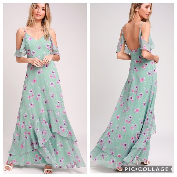 New! Lulu's Mint Green Floral Print Maxi Dress - Picture 2 of 8
